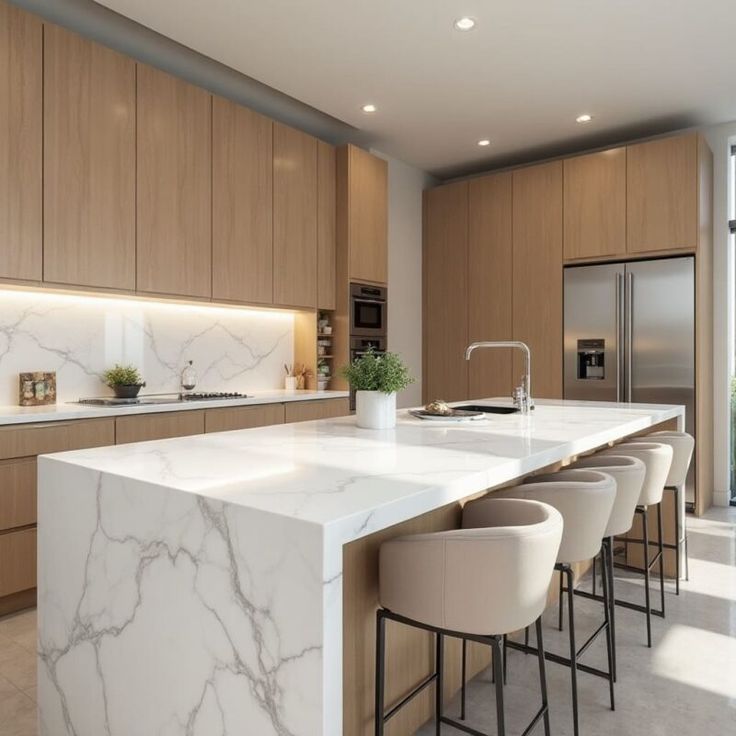Cocina con acabados en madera clara y mármol