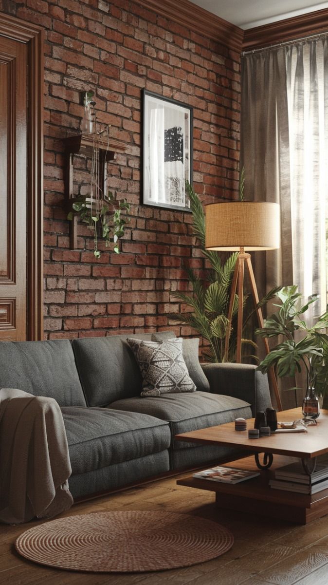 Sala pequeña con muro de ladrillo y madera
